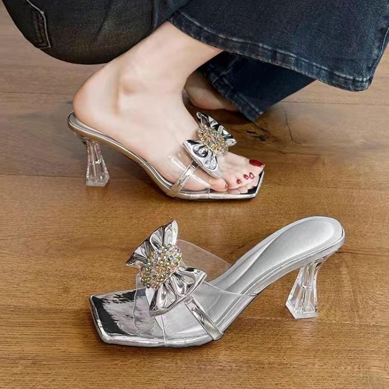 2025 New Women's Water Diamond Flower Sandals with Transparent Thick Bottom Party Dress Slippers Mules High Heels