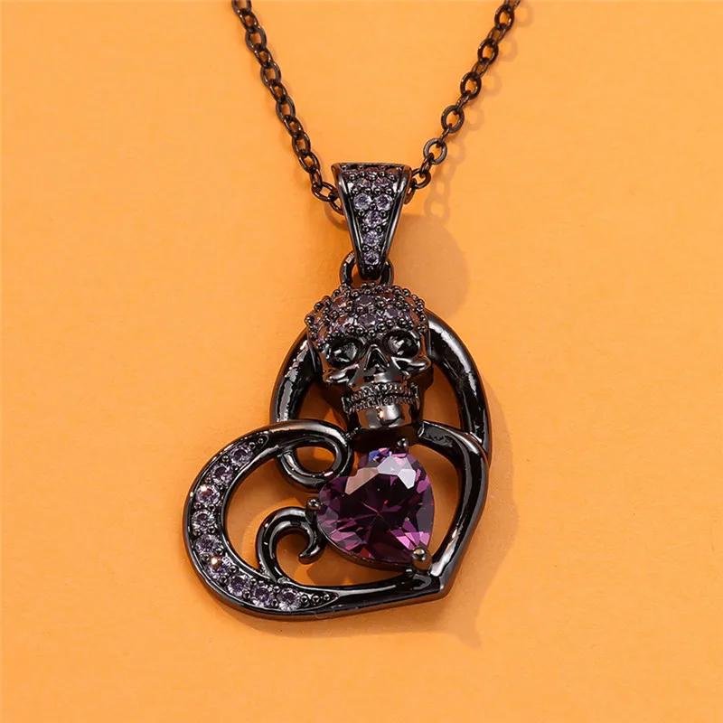 Halloween hodeskalle hjerteform anheng halskjede for kvinner Utsøkt innlagt zirkon svart gull farge kjede halskjede smykker personlig gave