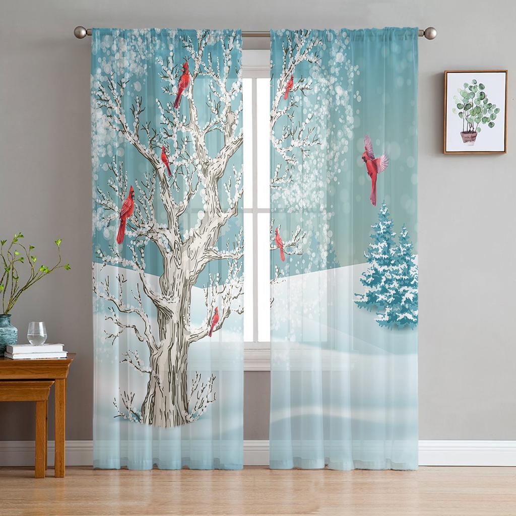 Vánoce Vánoční stromeček Zvonky Vesnice Sněží Tyl Průsvitné Okenní Závěsy do obývacího pokoje Ložnice Dekor Voálové Závěsy Závěsy