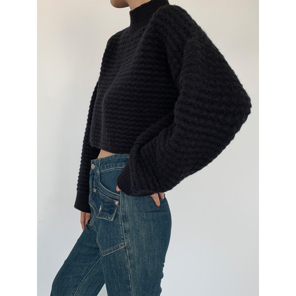 

DIMANAF 2025 Short Pullover Sweaters Autumn Women O-Neck Sweaters Knitting Loose Sweater One Size чорний