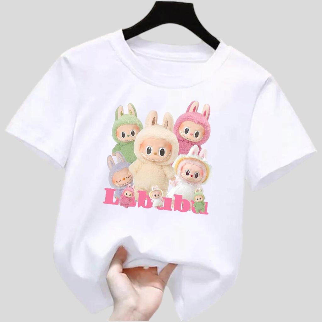 New Labubu Children's T-shirt with Multiple LABUBU Patterns Round Neck Short Sleeved Casual Versatile Girls' Top