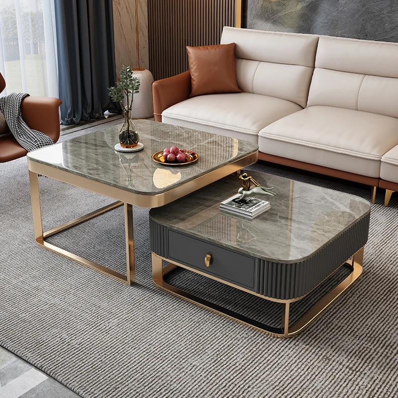 Italian rock slab coffee table telescopic TV cabinet combination small apartment marble square table