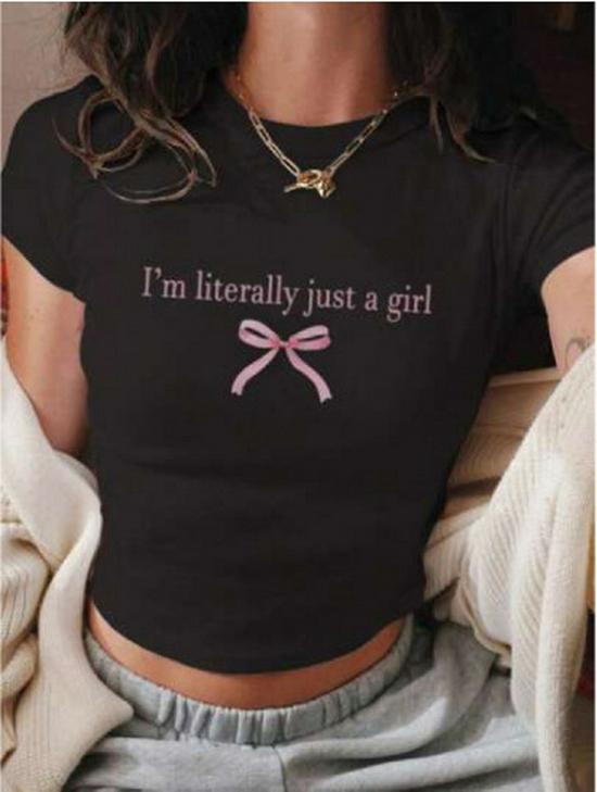 

Женская приталенная футболка с лозунгом и деталью в виде банта - Короткий рукав, Круглый вырез, Повседневный летний топ Small чёрный