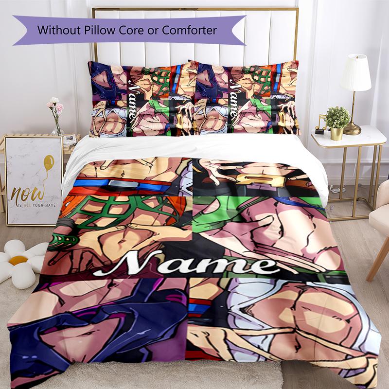 3pcs Custom Name Cartoon JoJo's Bizarre Adventure Bedding Set Duvet Cover Closure Includes 1 Duvet Cover & 2 Pillowcases for All Seasons Bedroom Decor