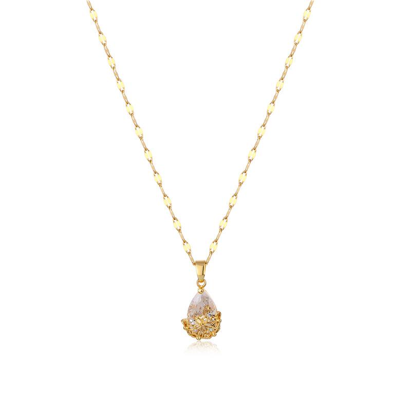 Elegant Water Drop Pendant Necklace 18K Gold Titanium Steel Water Drop Crystal Zircon Necklace for Women 16inches&necklace