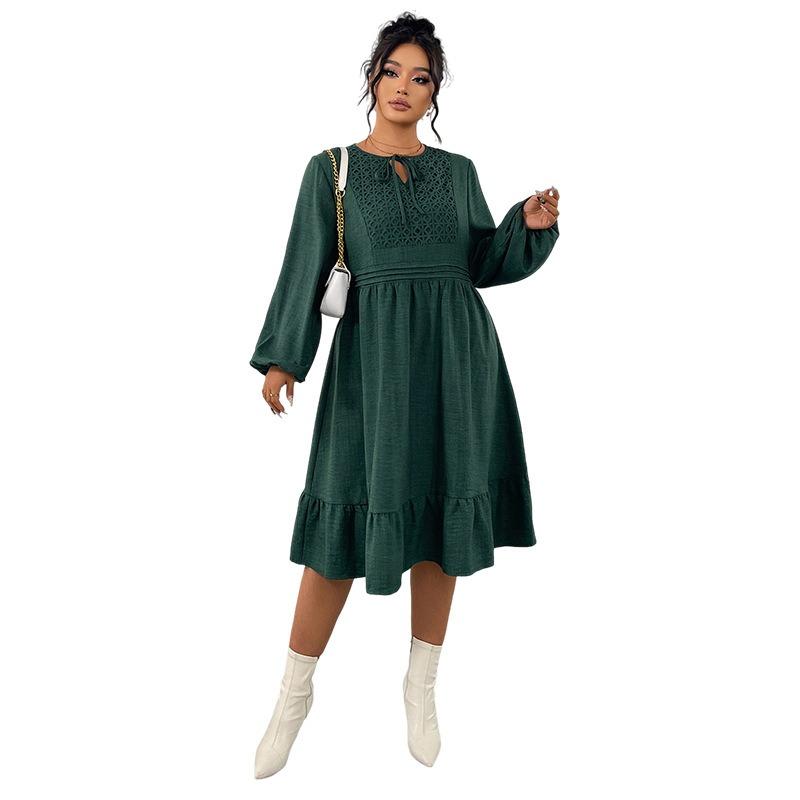 This Dress Features A Patchwork Design, Loose Puffed Sleeves and A High-waisted Cutout