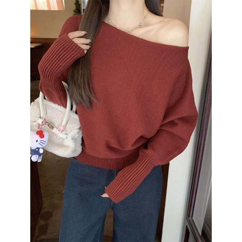 Pink gentle and sweet one-word neck slanted shoulder sweater loose bottoming shirt women's autumn and winter coat with top