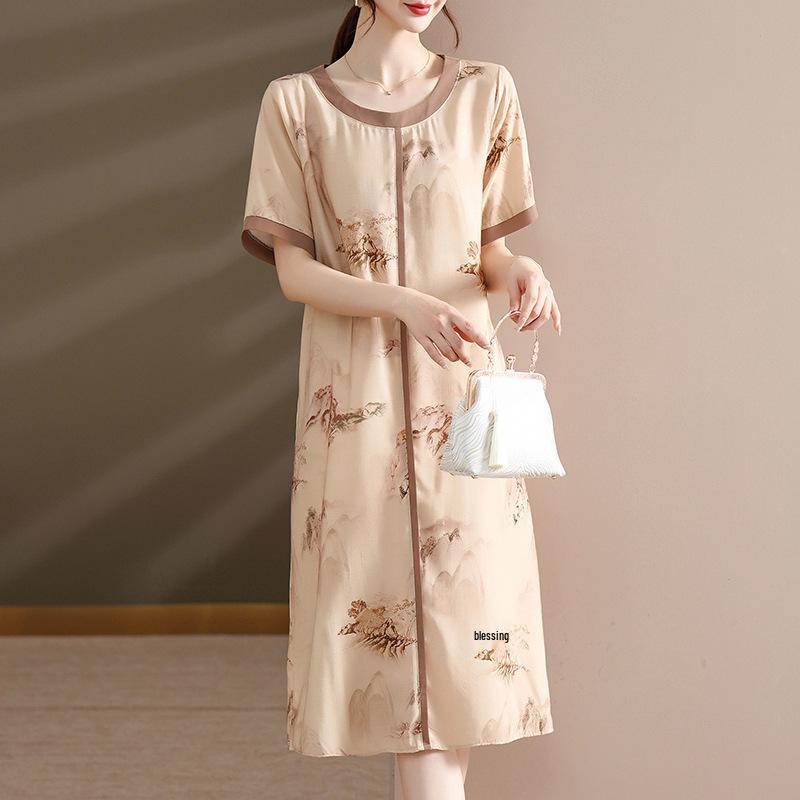 

Mom s Elegant Chinese-Style Summer Dress: Age-Reducing, Loose, Plus-Size, 40s-50s Inspired Long Skirt 4XL (Recommended 145-160 Jin) шампанського
