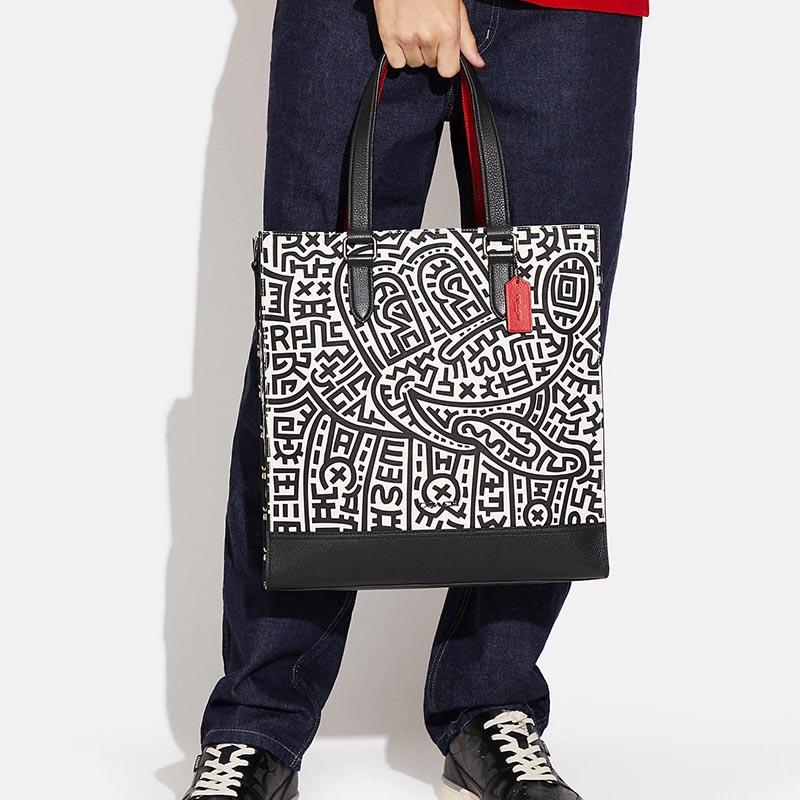 New COACH Keith Haring Collaboration Graham Leather Tote Bag Crossbody Bag Shopping Bag Large Size Women's Black & White C6872-QBA1G
