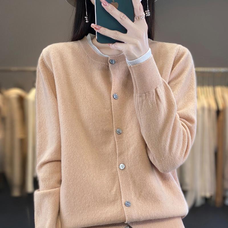 Women's Color Block Wool Cardigan - Round Neck, Loose Fit, Fake Two-Piece Knit Sweater for Spring & Autumn 2024