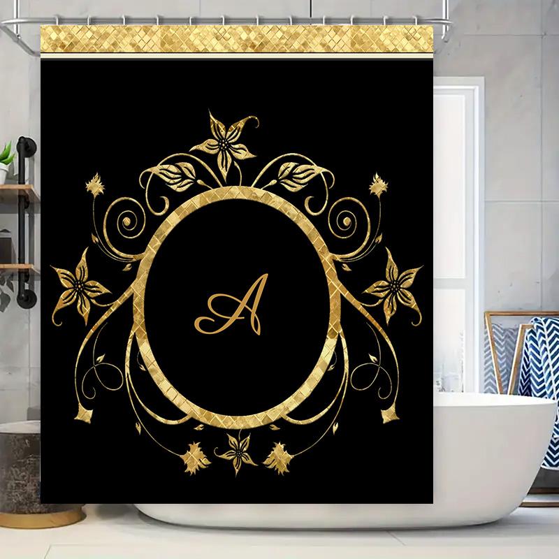 

Stylish Black Gold Leaf Monogram Shower Curtain For Bathroom Decor Initials Available W60H190(CM)-1 Pcs