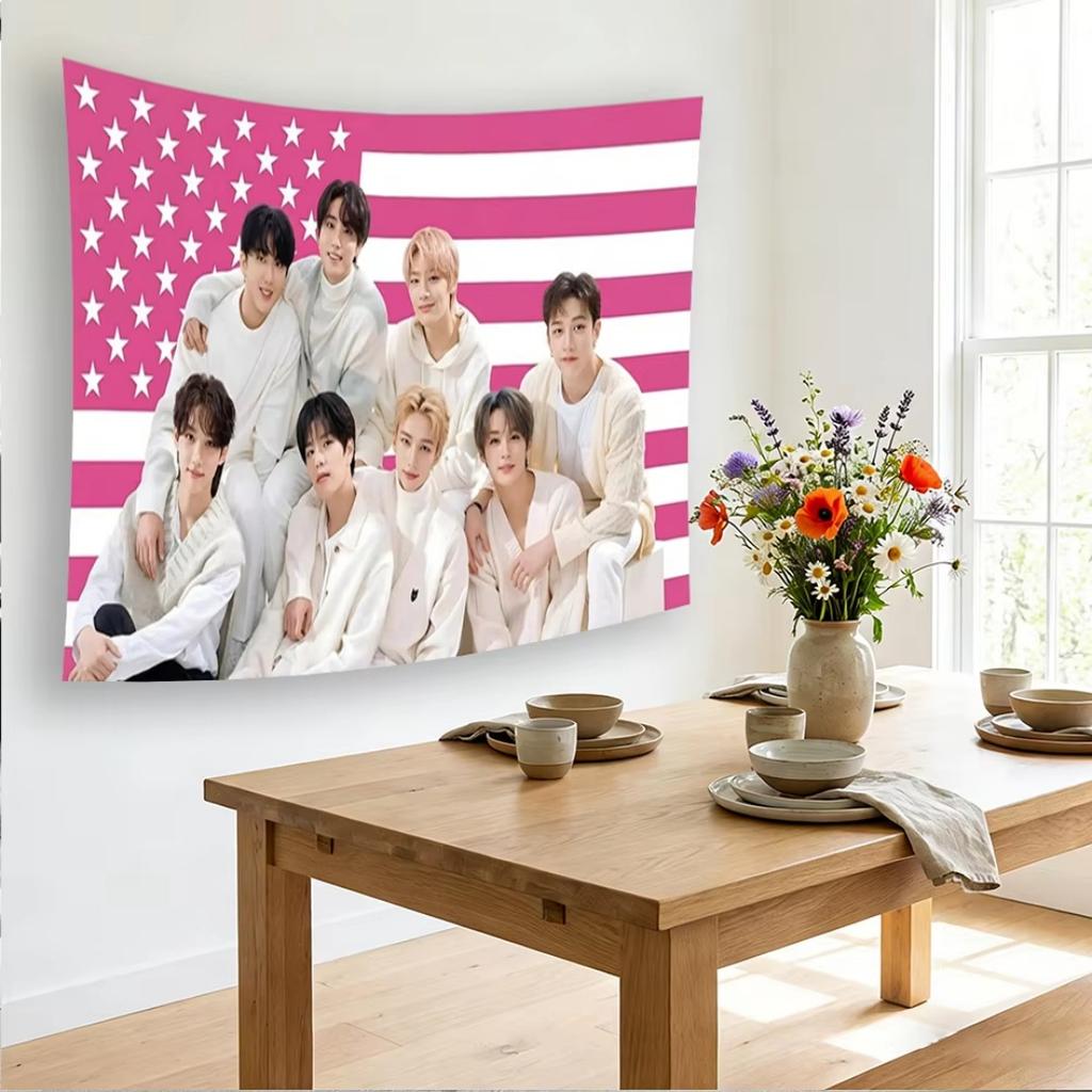 SKZ Pink American Flag Tapestry KPop Idol Group Flat Print Wall Hanging Fan Merch Decor for Bedroom Dorm Ideal Gift