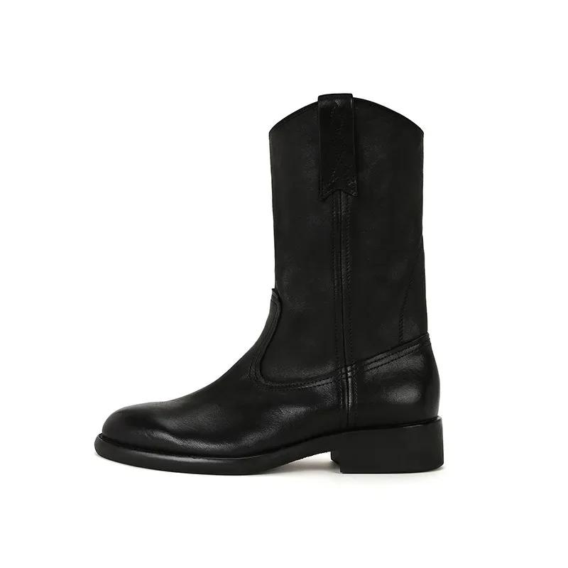 New Fashion Boots for Women Spring/Autumn Square Heel Female Mid-Calf Boots Ladies Slip-On Pointed Toe WESTERN Boots Women