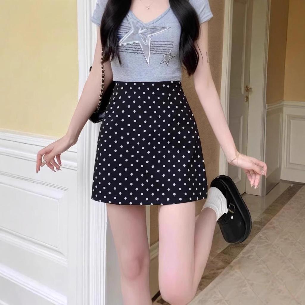 Jian Man Ni Women's High-Waisted Polka Dot A-Line Skirt - Casual and Versatile Hip-Hugging Summer Skirt