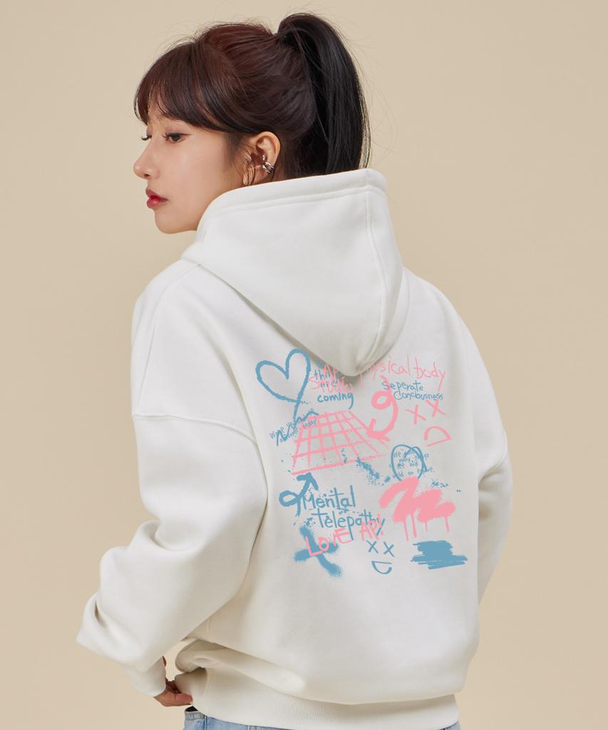 Graffiti Oversized Wide Shoulder Hoodie_White