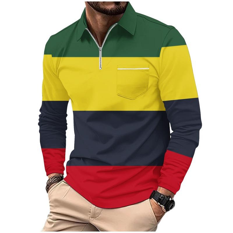 Men's Printed Polo Shirt with Zipper Pocket Sports Long Sleeved Polo Shirt