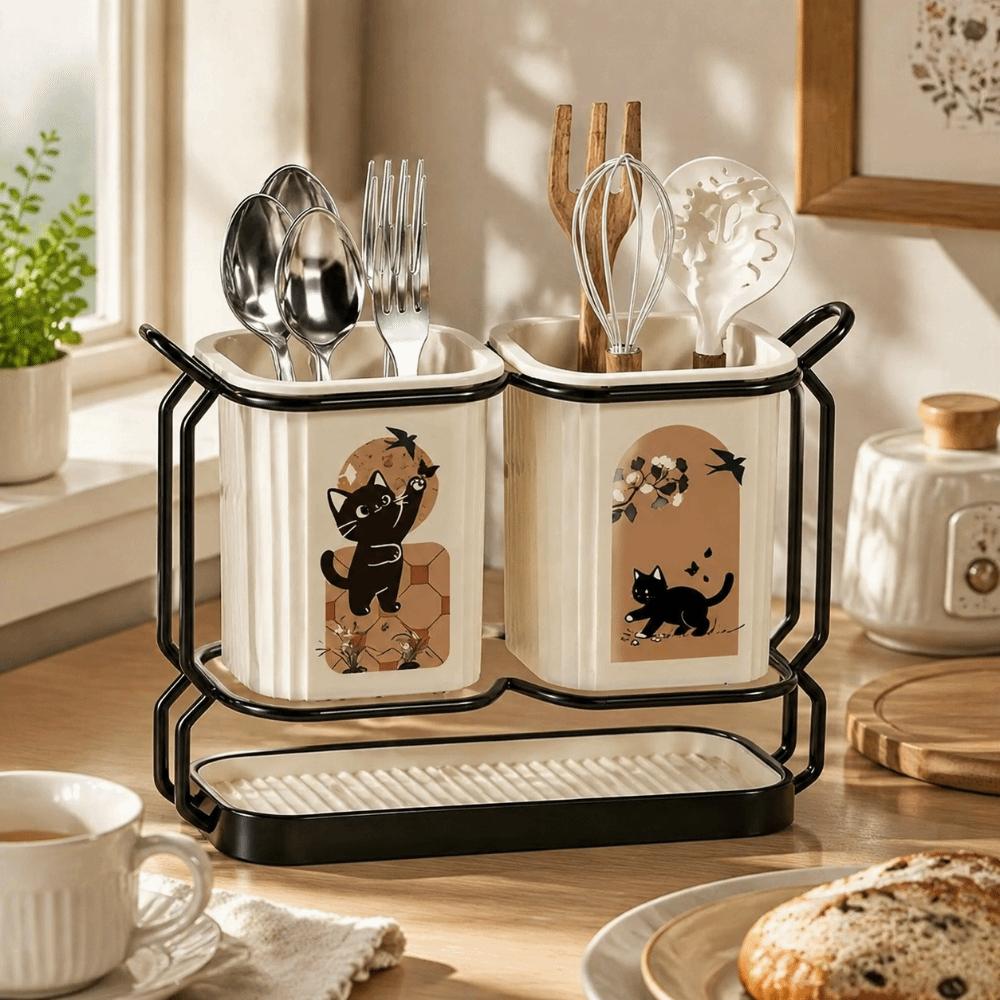 Cute Cat Kitchen Storage Basket Standing Durable Cutlery Holder Organizer No-drill Utensil Drying Rack Household