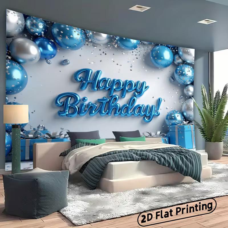 2D Blue Silver Balloon Birthday Backdrop, Boys Party Decor Banner