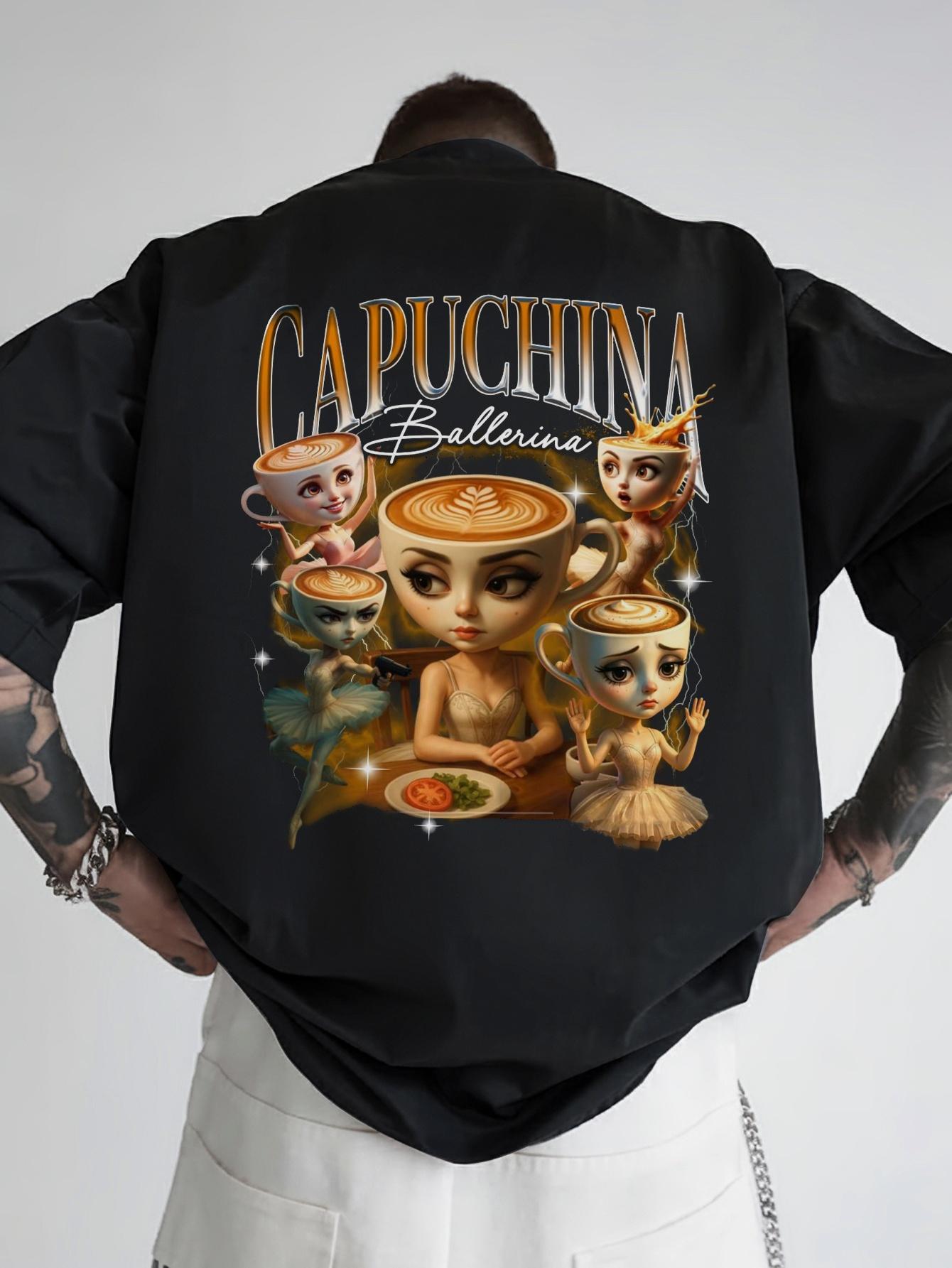 

Funny Back Print T-shirt - Black Tee with Coffee Cup Characters - Lightweight Breathable Polyester Shirt for Summer XXXL