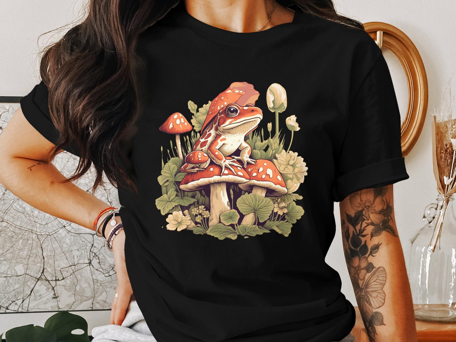Cute Frog on Mushroom Illustration, Nature Inspired Art, Cottagecore Aesthetic Shirt, Whimsical Frog Print Tee, Woodland Themed T-Shirt 4XL