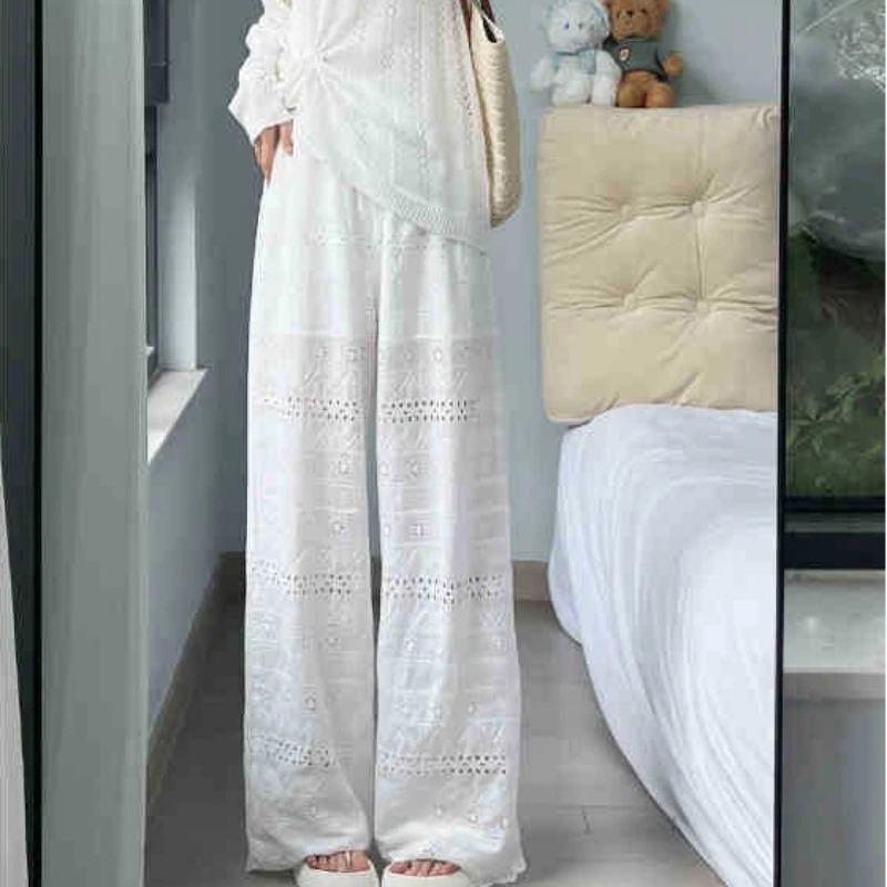 Women High Waist Hollow Out Embroidered Wide Leg Pants In Two Colors