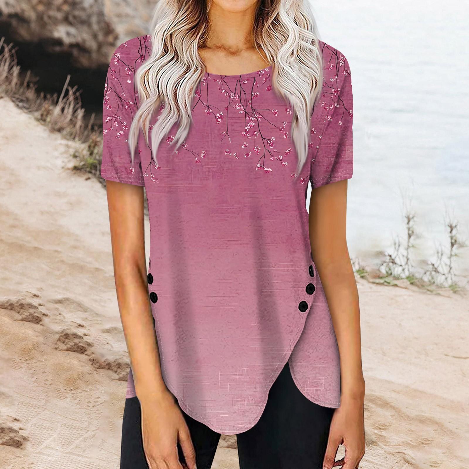 

Женская мода повседневная блузка с коротким рукавом и круглым вырезом с принтом на пуговицах сбоку XL красный