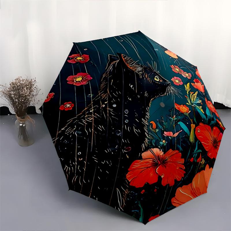 1pc Black Cat with Orange Flowers Automatic Opening/Closing Umbrella, Portable Folding Design, Outdoor Use, Festival Gift for Fans, Travelers, Da