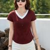 2026 Summer Women's Stylish V-neck Color Block Slim Fit Short-Sleeve Fake Two-Piece Top