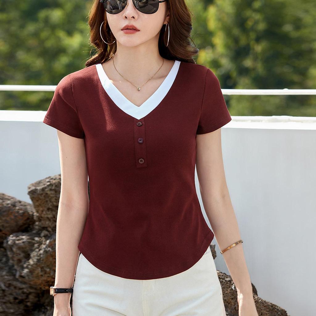 2026 Summer Women's Stylish V-neck Color Block Slim Fit Short-Sleeve Fake Two-Piece Top