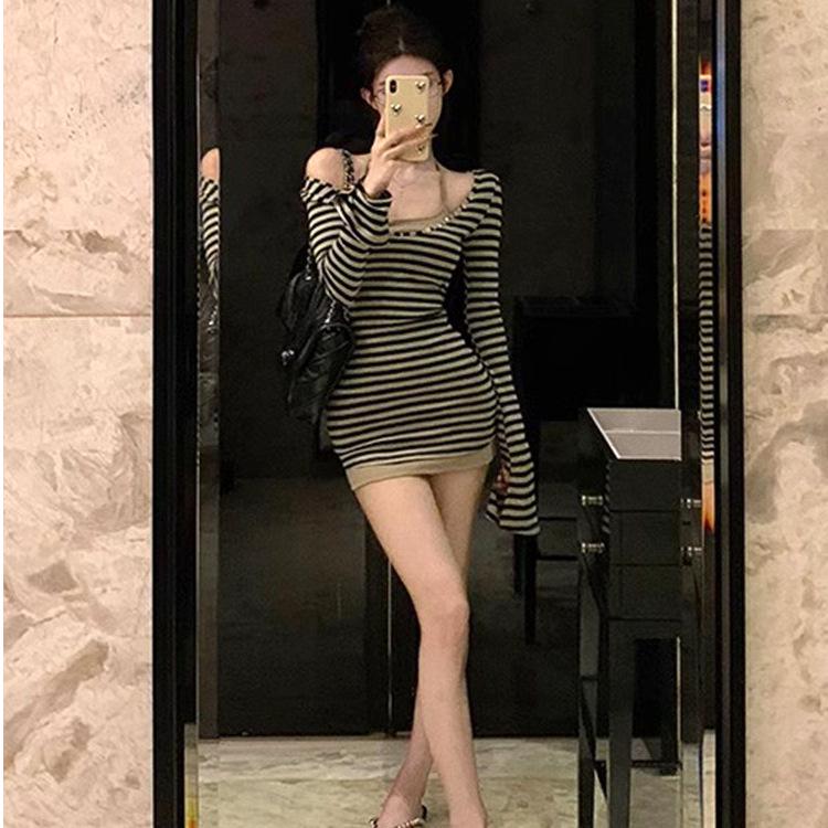 Autumn Flare Sleeve Striped Two-Piece Set - Women's Korean Style Sweet & Spicy Slimming Dress