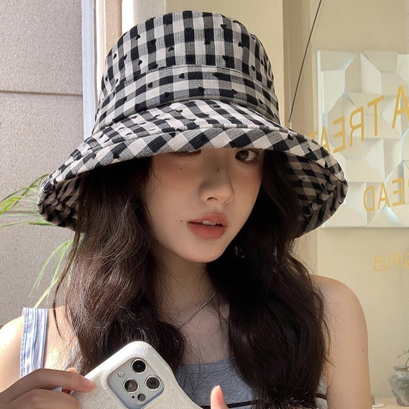 Ins Casual Love Plaid Big Eaves Sunscreen Bucket Hat Women's Fashion Versatile Face Small Thin Sun Hat
