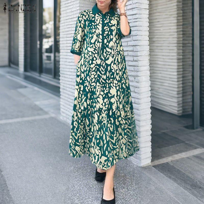 ZANZEA Women Casual Turn Down Collar Loose 3/4 Sleeve Retro Print Long Dress