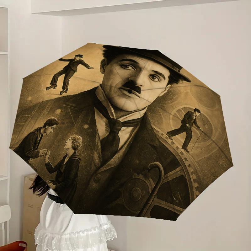 1pz Ombrello Pieghevole Automatico Charlie Chaplin, Design Pieghevole Portatile, Accessorio Casual da Esterno L1127113