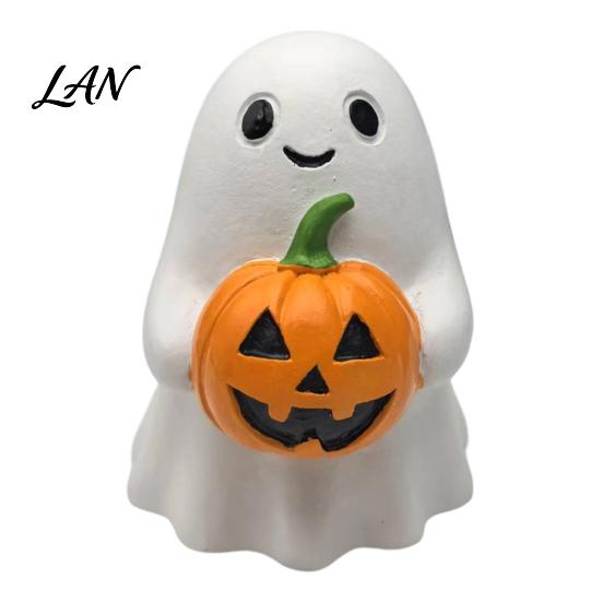 Halloween Desktop Decoration Ghost Pumpkin Ornaments, Resin Smiling Decorations for Home Detailed Statue Office Party Decor, Cute Healing Miniature