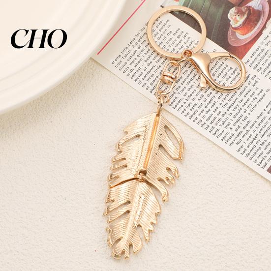 Rhinestones Inlay Keychain Pendant Inlaid Feather Shape Key Chain Hollow Glossy with Anti-Oxidation Lobster Clasp Backpack Bag Accessory Durable Metal