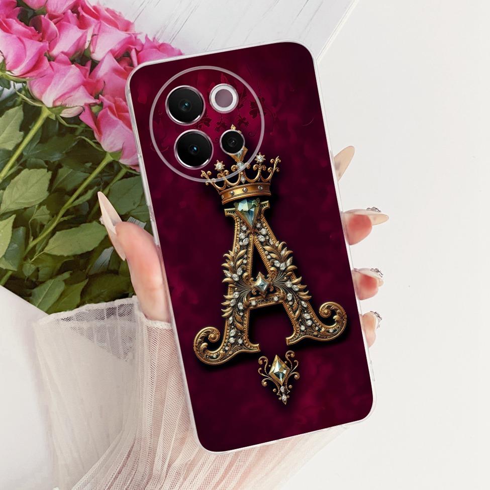 For Vivo V2341 Case For Vivo V40 Lite 5G Cover Transparent Luxury Crown A-Z Letters 2D Flat Pattern Soft Casing