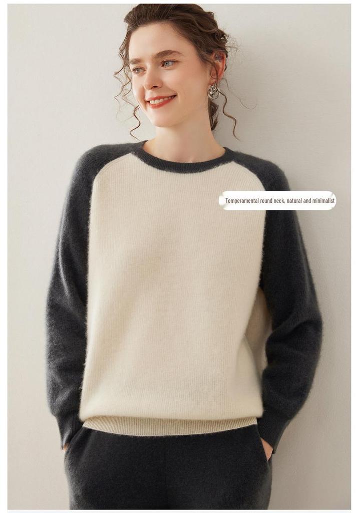 Women's Color Block Cashmere Sweater - Round Neck, Thick Knitwear for Autumn/Winter, Soft and Cozy Pullover
