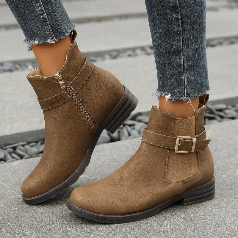 Fashion 2024 Winter High Quality Women's Boots Fashion Solid Color Round Toe Buckle Low Heel Versatile Side Zipper Women's Short Boots
