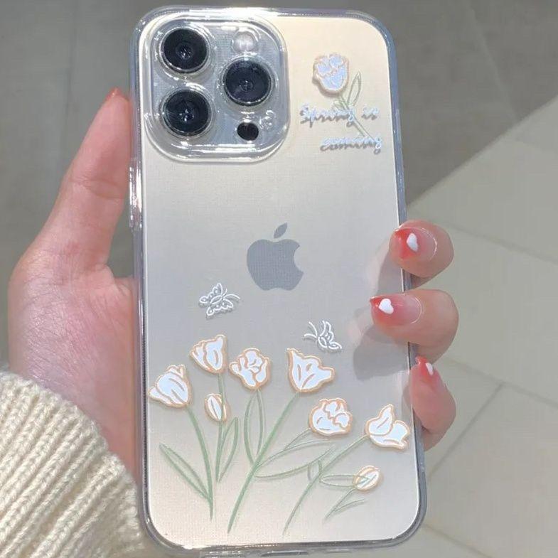 Tulip for Apple 16pro Phone Case New Silicone Anti Drop All Inclusive 13 Transparent Summer Phone Premium