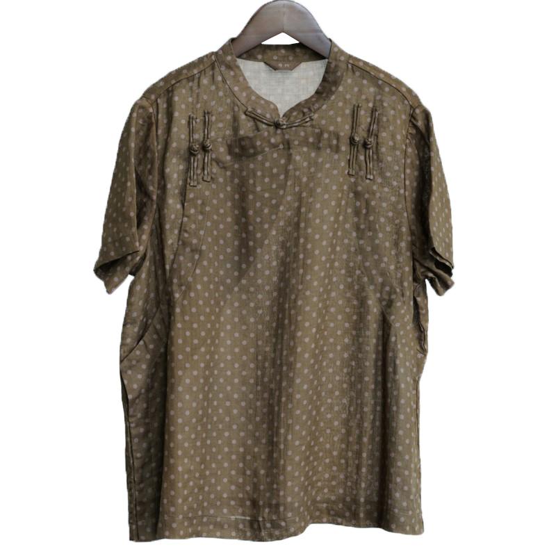 

Johnature Женские винтажные рубашки, топы, стойка, короткий рукав, блузки в горошек, летние рубашки в китайском стиле на пуговицах One Size кофейный