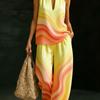 European and American Holiday Style Sleeveless Suit, Watercolor Flower Print Neck V-neck Top, High Waist Wide Leg Pants Two-piece Set