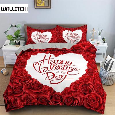 Housse de Couette Florale Rose Rouge Ensemble de Literie Cœur d'Amour Microfibre Romantique Housse de Couette Queen King Pour Couple Mariage Saint-Valentin Décoration