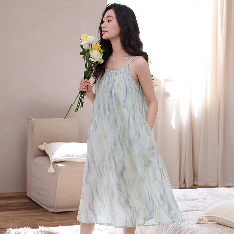 Lyocell cool suspender nightdress women with chest pad summer medium and long thin summer can wear Tencel loungewear