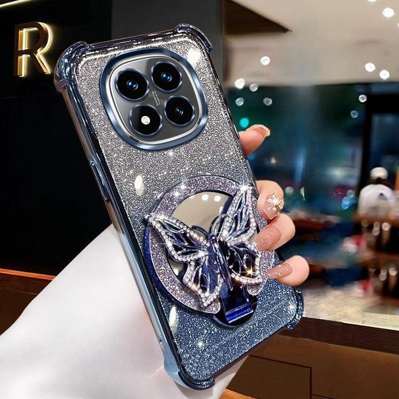 Glitter Butterfly Mirror Bracket Case For Xiaomi Redmi 14C Note 14 15 Pro Plus 15 15C 14S 4G 5G Shockproof Soft Silicone Cover