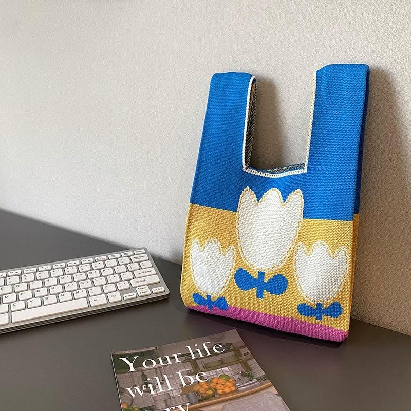 Women's Knot Wrist Bag Handmade Knitted Bag Portable Mini Striped Tote Bucket Phone Bags Large Capacity Autumn Winter Handbags