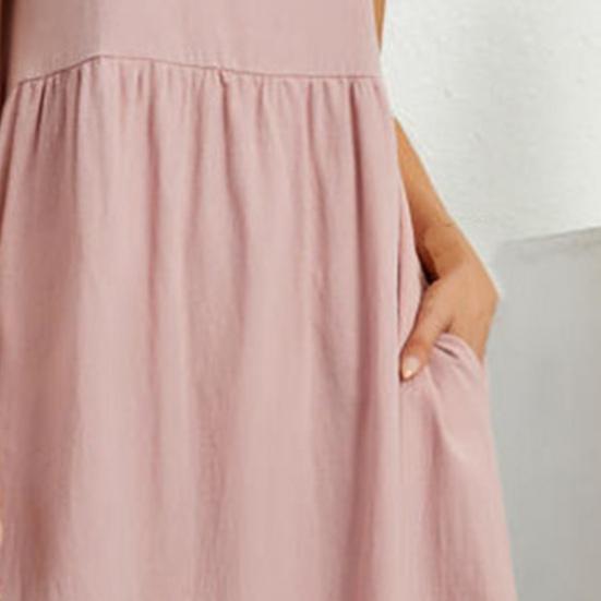 Women Dress Short Sleeve Casual Breathable Solid Color A-Line Dual Pockets Midi Dress for Daily Wear