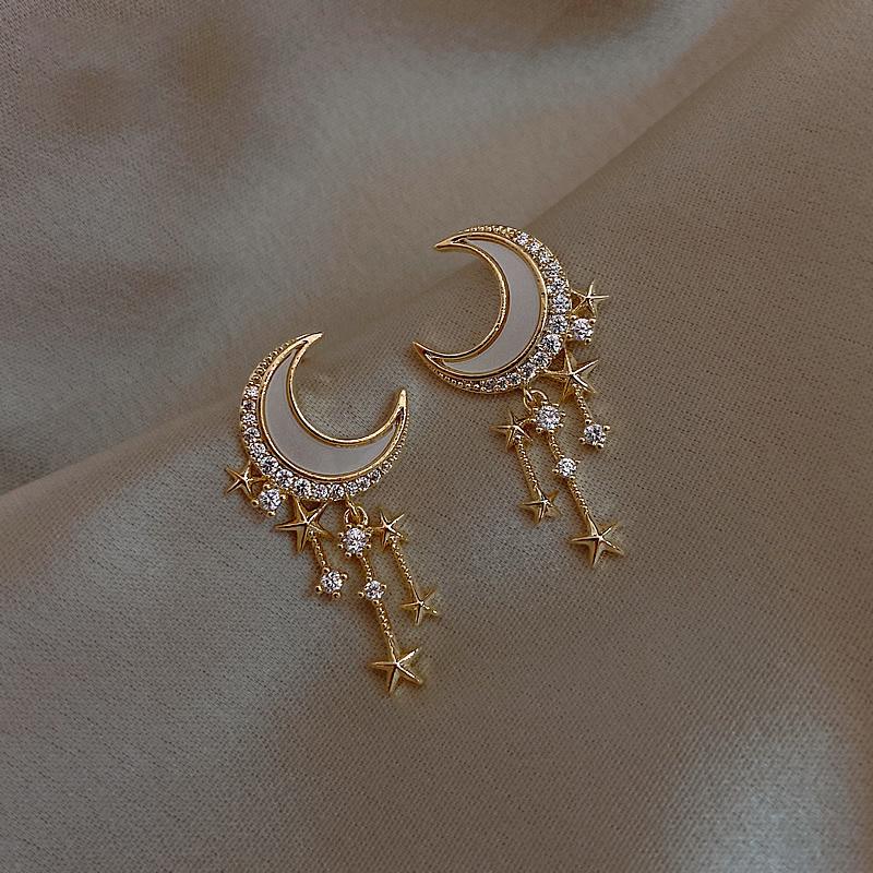 Women s Star Moon Rhinestone S925 Sterling Silver Dangle Earrings – Fashionable, Versatile, and Stylish.