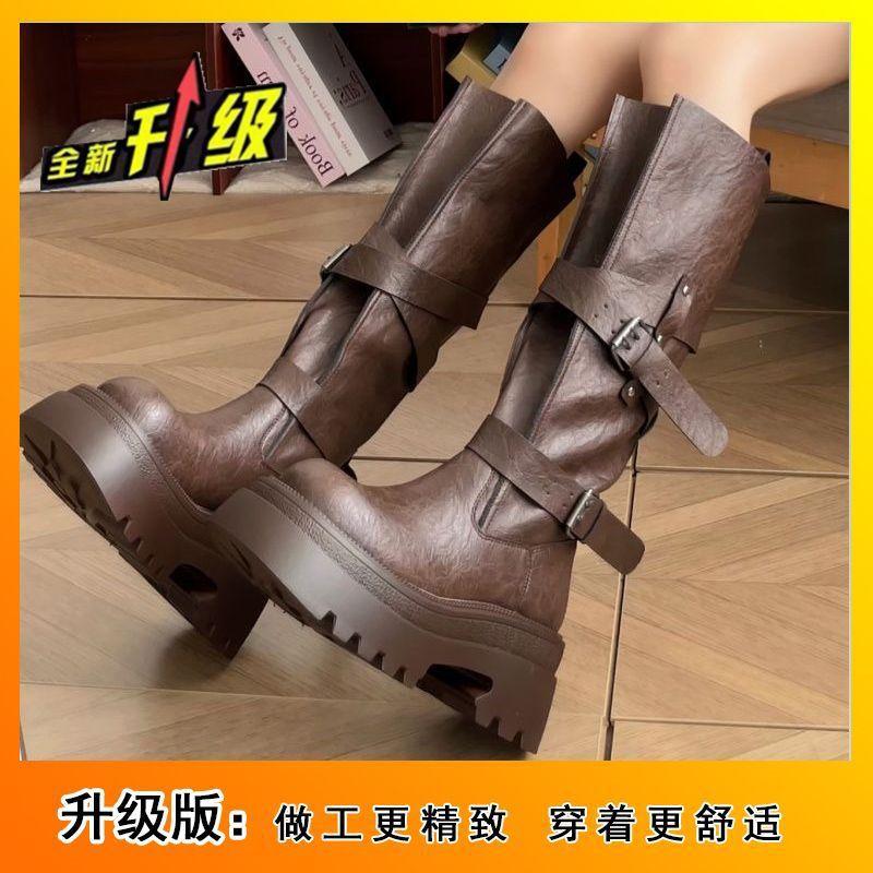 Temperament super fire retro versatile belt buckle boots Maillard but knee boots women's autumn and winter new models