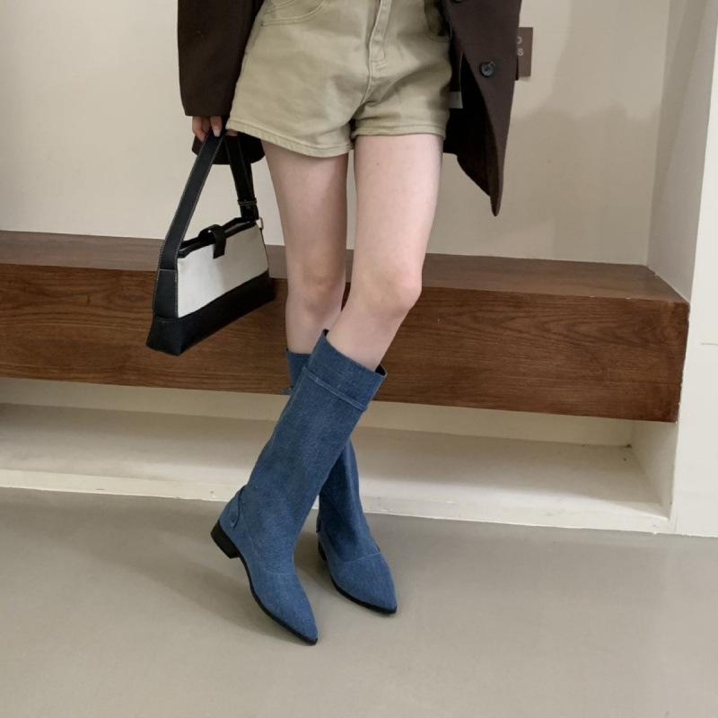 

Metal buckle but knee high boots women s 2025 new thin retro knight boots square head low heel boots 39 джинсовий синього кольору