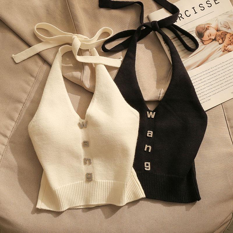 Summer Chic Hang Neck Sexy Knitted Suspender Girl Sweet Style Lace Up Backless Tops New Design Casual Fashion Camis Chic Clothing